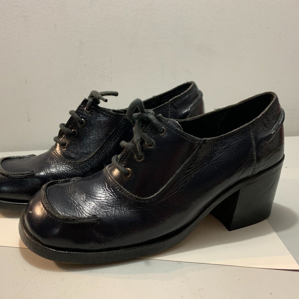 Vintage 1970s The Villager Brand Platform Women's Dark Blue Leather Shoe…